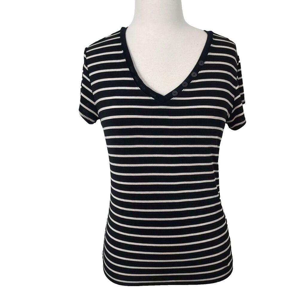 Additions by Chico's Shirt Top Slinky Stretch Black White Striped Size 1 Women M